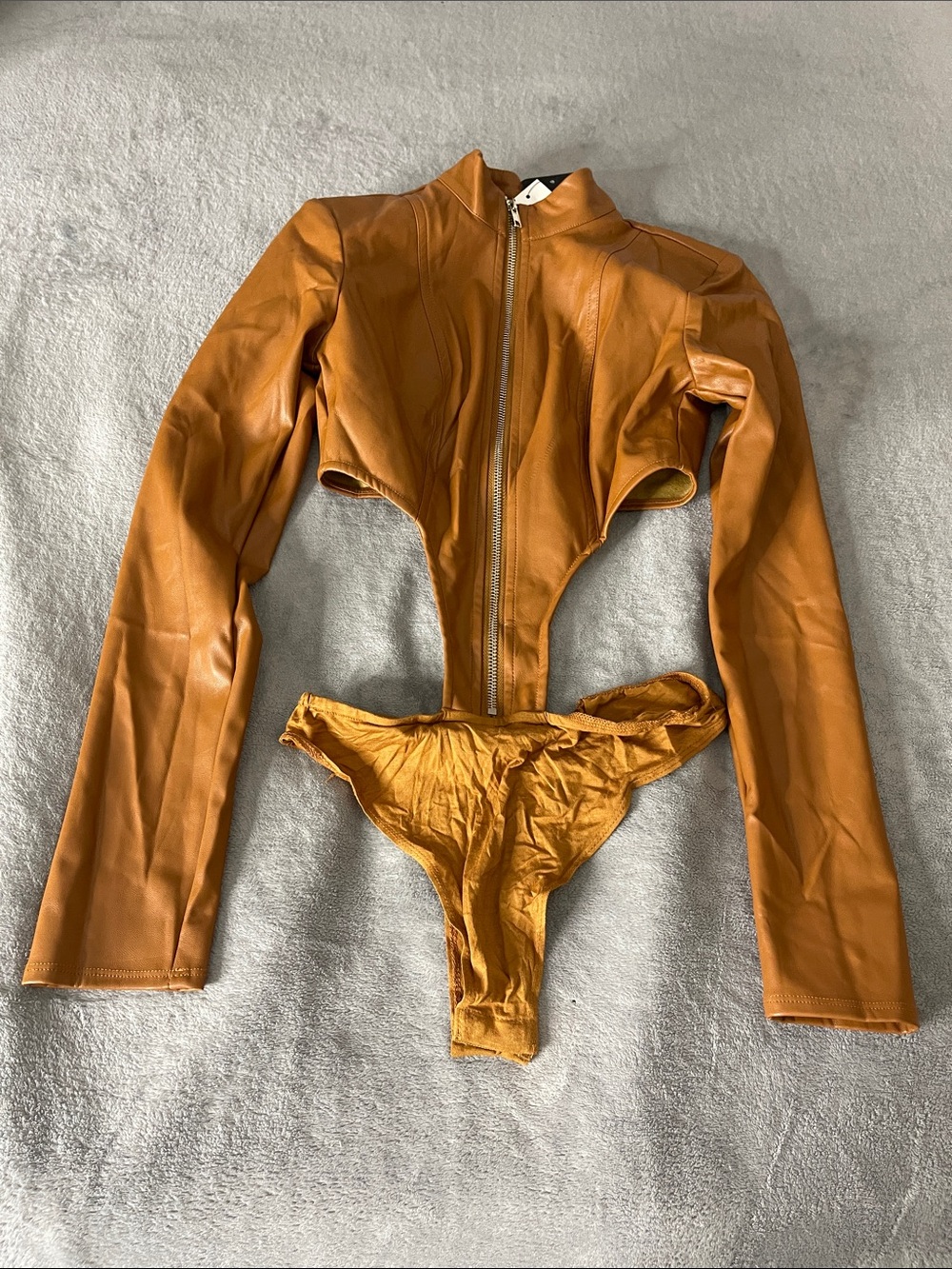 Fashion Nova Cognac Cropped Faux Leather Zipper Jacket/Bodysuit Top